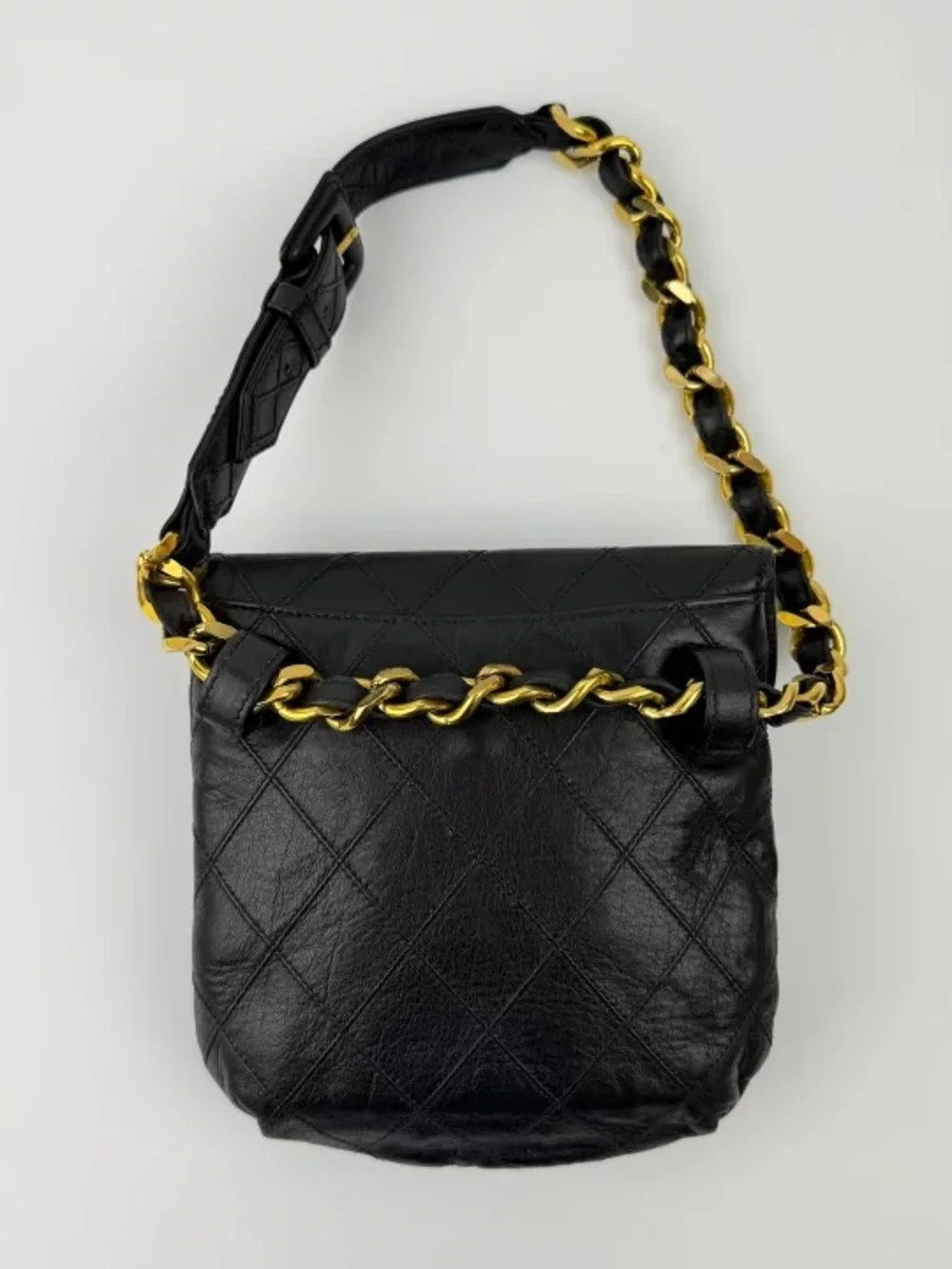 Authentic CHANEL vintage black wild stitch Lambskin bun bag belt 70cm